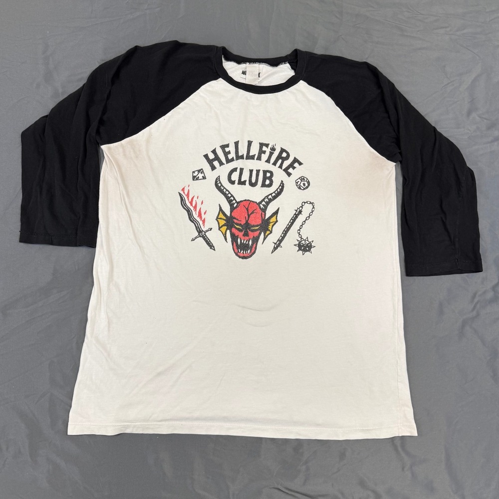 Netflix Stranger Things Hellfire Club Raglan Baseball Tee White Black XL 2023